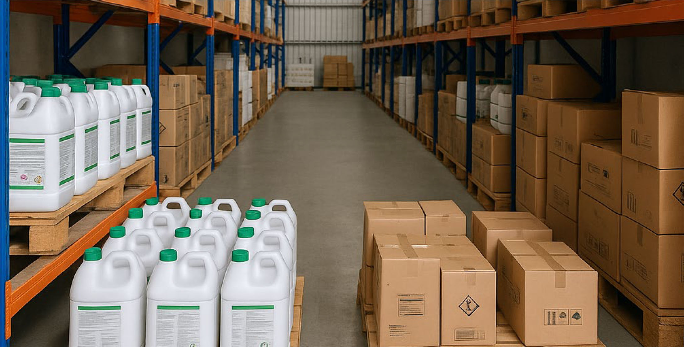 Estanterías con químicos agrícolas en bodega como insumos garantizables