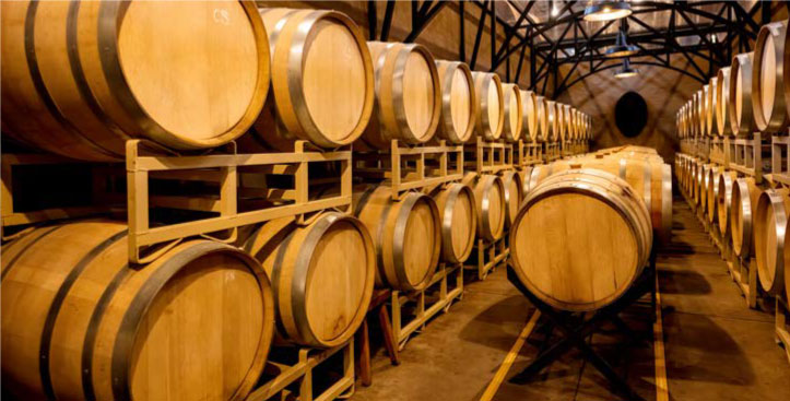 Barricas de vino en bodega representando vinos como activos garantizables